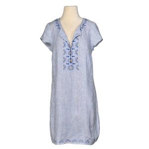 HIHO Caribbean Blue Stripe Linen Rachel Resort Embroidered Beach Dress Size S